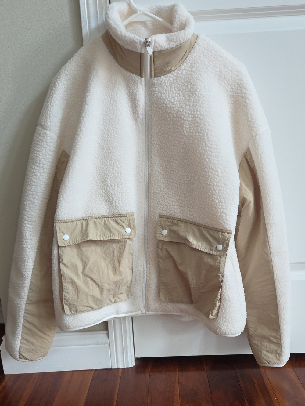 ZYIA Cream Sherpa Jacket with Tan Pockets